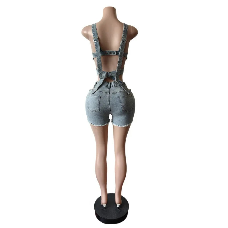 CM.YAYA Fashion Denim Cutout Women's Set Wrap Strap Crop Top and Shorts Jeans 2025 Summer Two 2 Piece Sets Outfits Tracksuit