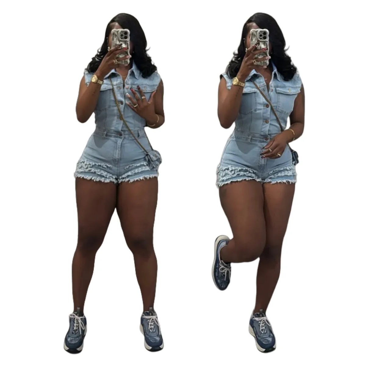 CM.YAYA Women V-neck Short Sleeve Denim tassel Short Jumpsuit Playsuits 2025 Summer Street Party Jeans Romper One Piece Outfits