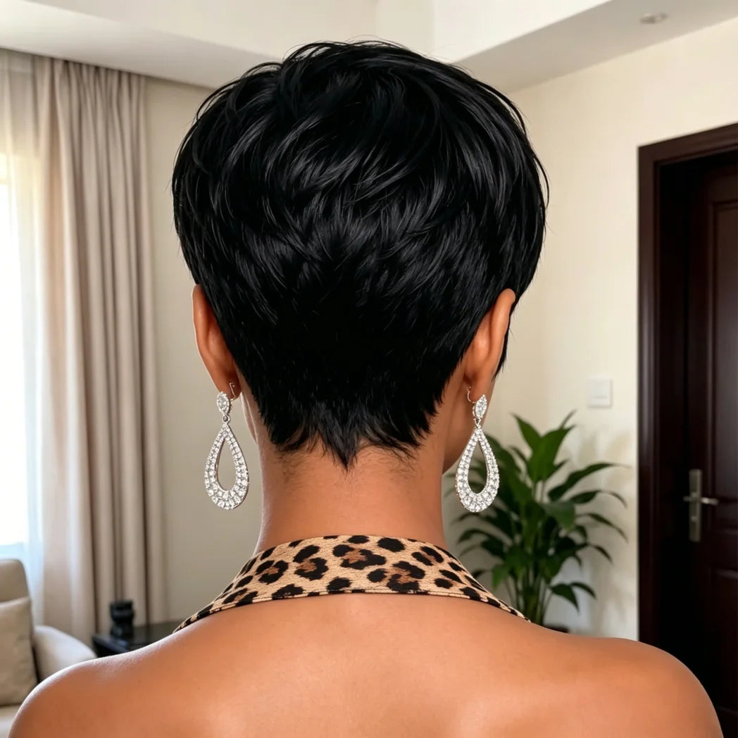 Full Machine Made Human Hair Short straight Pixie Wig Natural Black Bangs Short Wig for Women