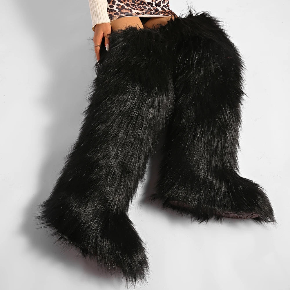Women's Cozy Faux Fur over the Knee Boots Thigh High Fluffy Y2K Furry Fuzzy Warm Outdoor Comfortable Girls Boot