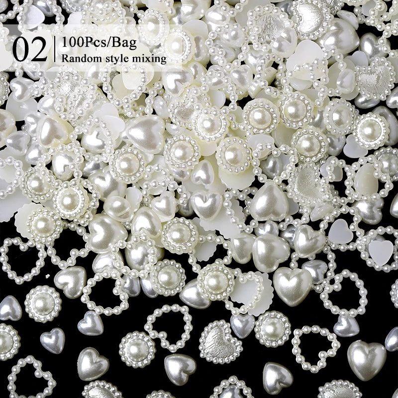 100/200pcs 3D Mixed Nail Decorations Kawaii Heart Flower Bear Pearl Design Rhinestone Nail Art Charms Jewelry Manicure Accessory