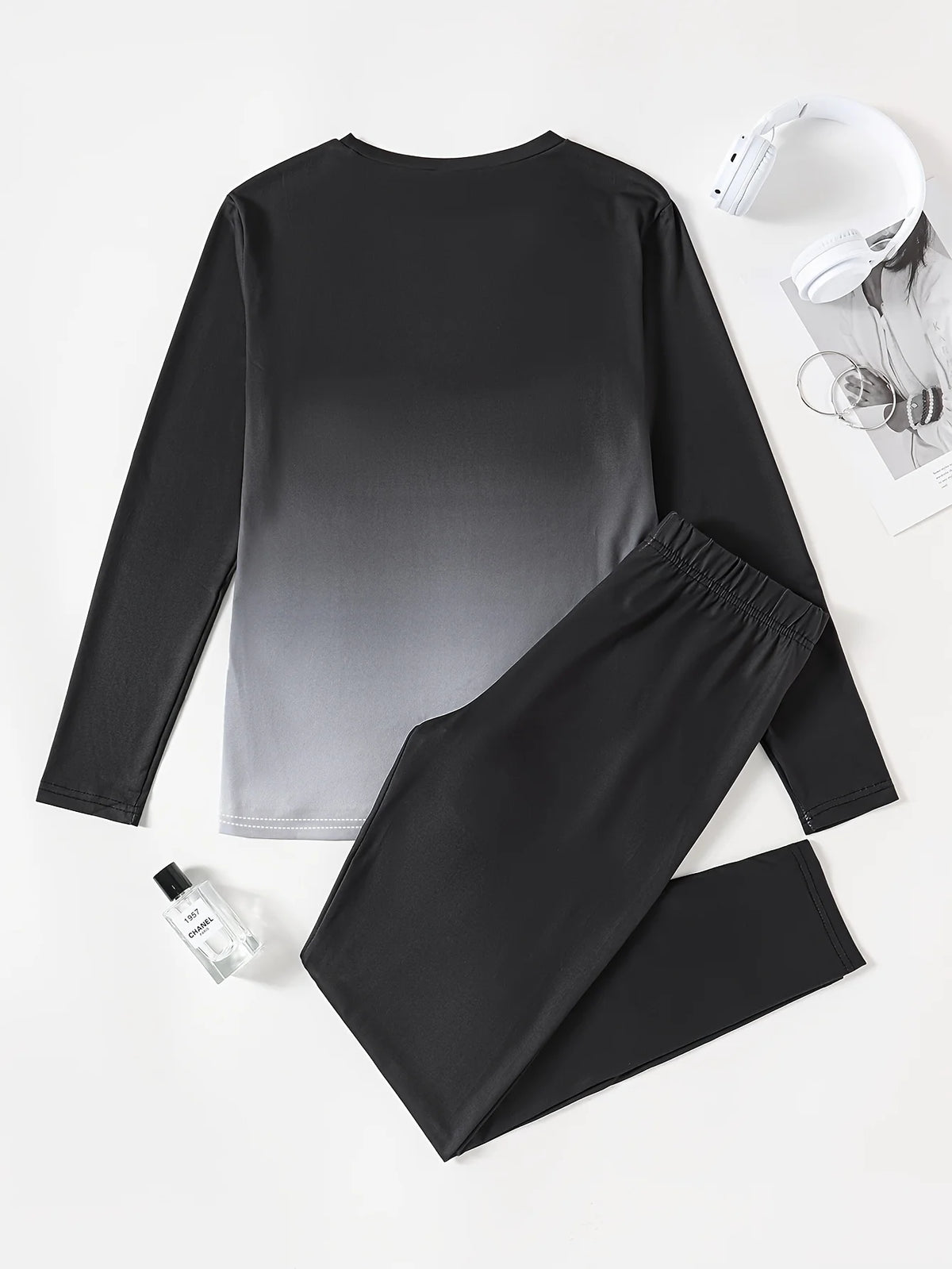 [Two-Piece Set] Gradient Color Crown Print Casual Autumn Winter Long Sleeve Round Neck Women's Pants Two-Piece Set
