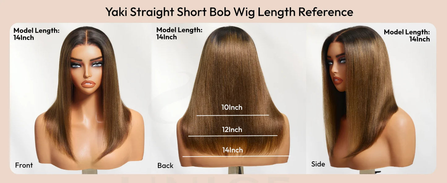 UNICE Chestnut Brown Ombre Yaki Straight Bob Human Hair Wig 7x5 & 13x4 Lace Glueless Wig 150% Density