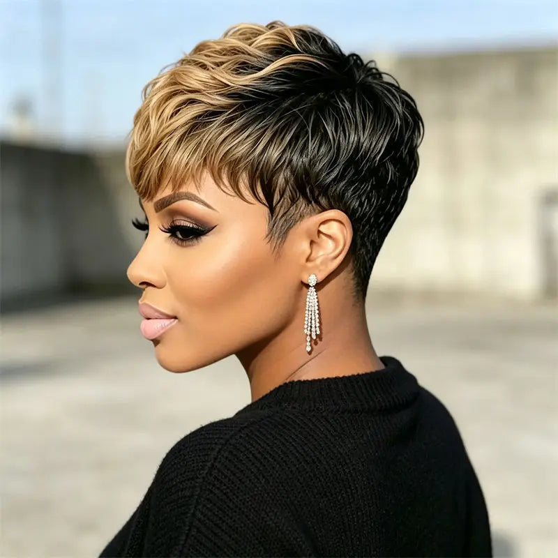 Pixie Cut Wig Full Machine Made Witg Bangs Black Blonde Curly Layer Real Human Hair Wig For Women Females Daily Gathering Wear