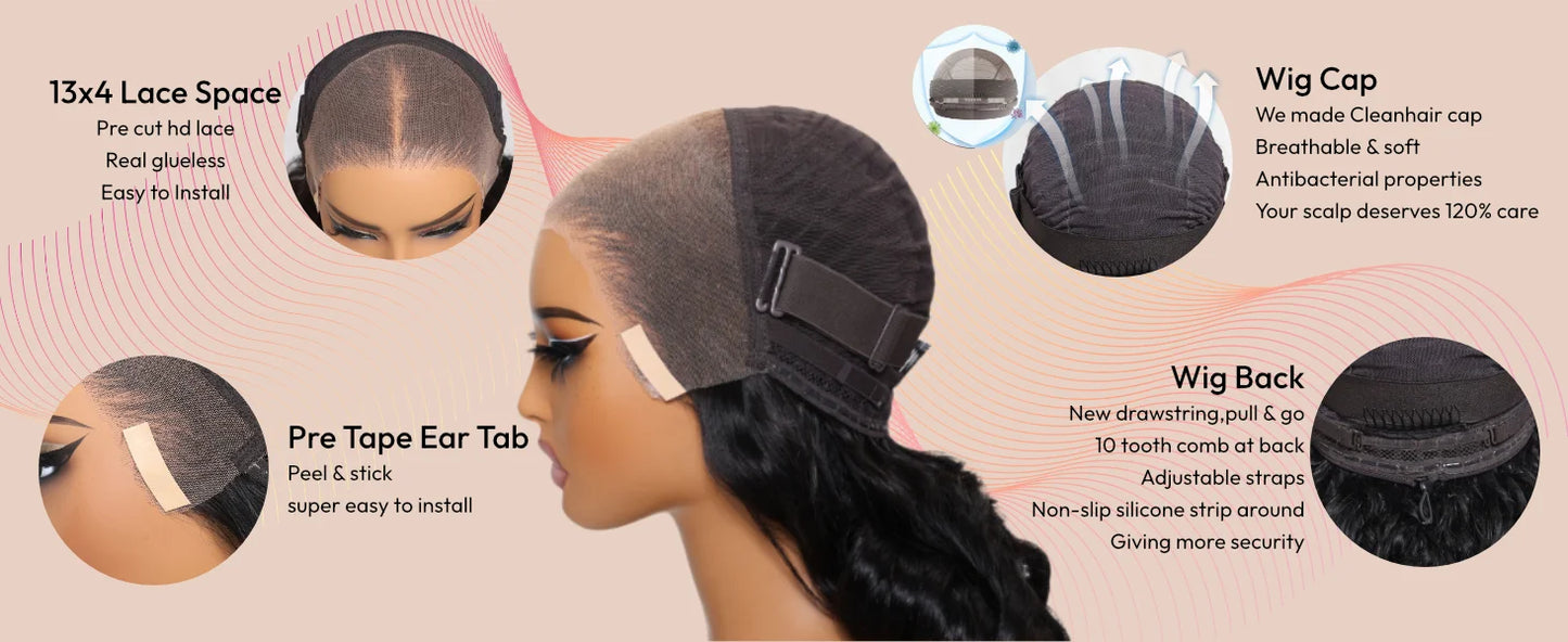 UNice 13x4 Pre-Everything™ Lace Frontal Black Cherry Water Wave Human Hair Wig Pull & Go Drawstring Glueless Wig 150% Density