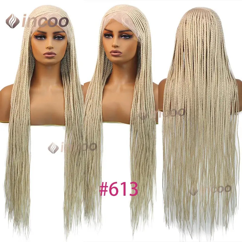 36" Cornrow Braided Wigs Synthetic Handmade Side Part Braided Wig Full Lace Frontal Braiding Wig Goddess Knotless Box Braids Wig