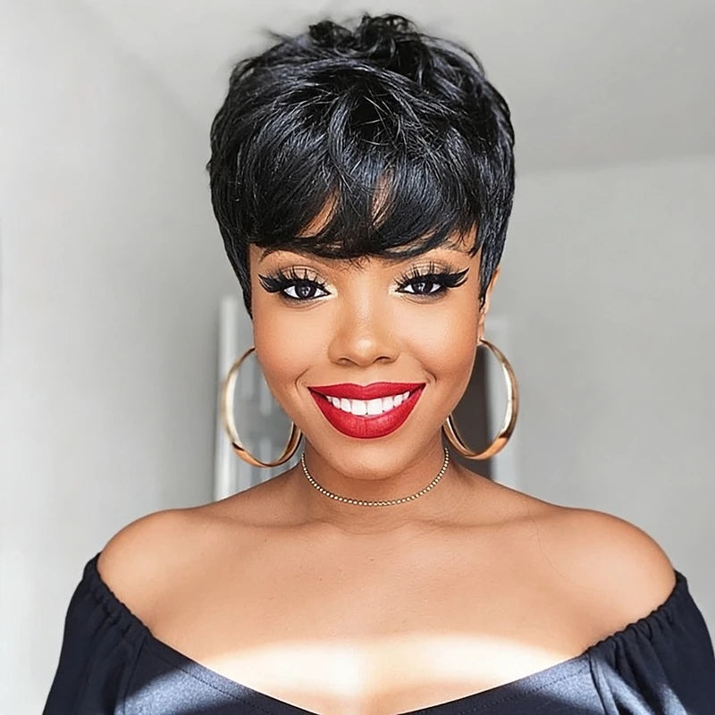 Pixie Cut Straight Human Hair Wig for Women Full Machine Made Wig Short Layered Straight Wig with Bangs