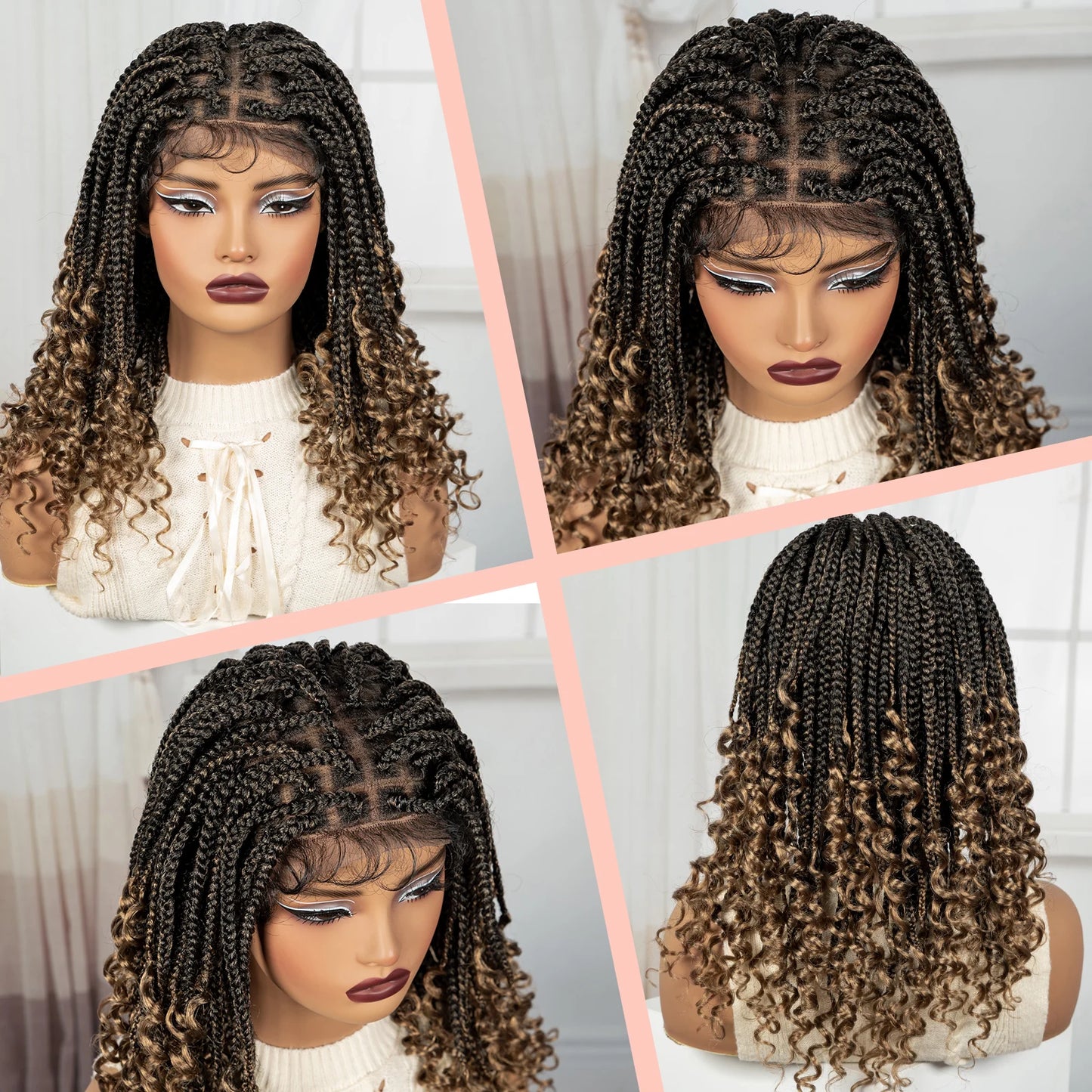 Knotless Box Boho Braided Wigs with Curly Ends Synthetic Full Lace Braided Lace Wigs Short Braided Bob Wig for Black Women