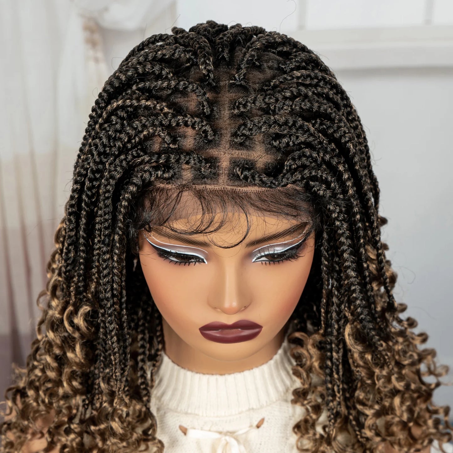 Knotless Box Boho Braided Wigs with Curly Ends Synthetic Full Lace Braided Lace Wigs Short Braided Bob Wig for Black Women