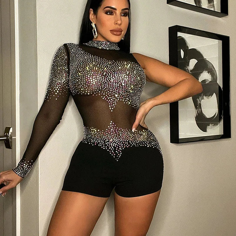 Sparkly Rhinestones Mesh Rompers Womens Jumpsuit Shorts Sexy Birthday Club Outfits One Sleeve Sheer Bodycon Playsuit Woman 2022