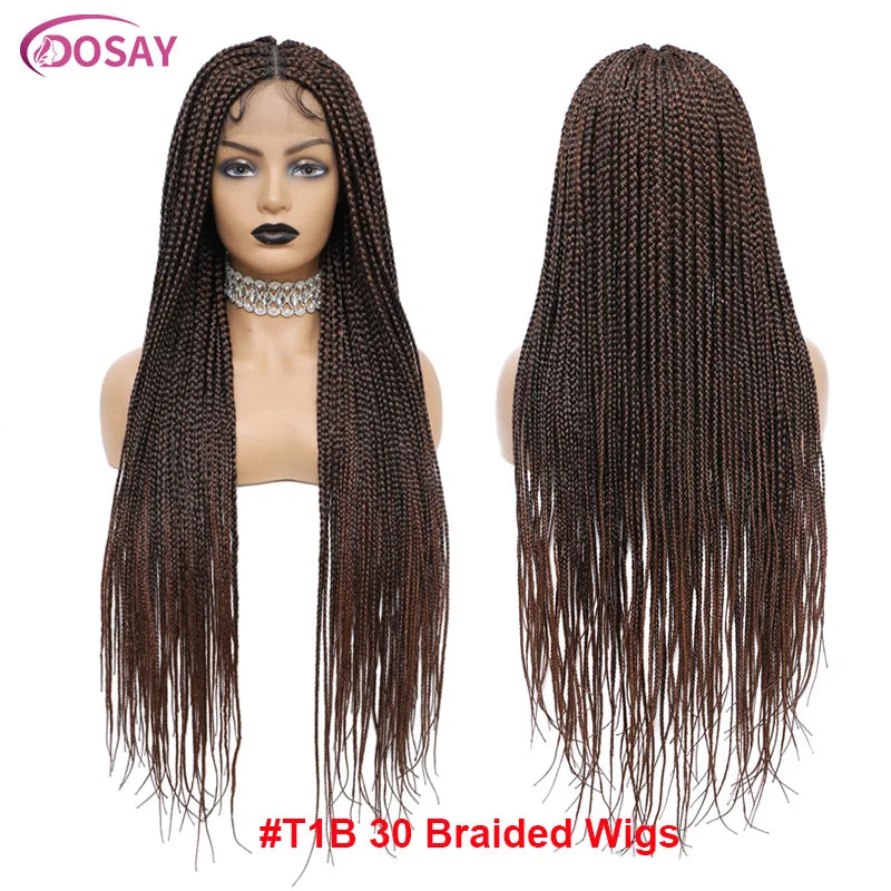 36Inch Burgundy Synthetic Long Box Braided Wig Full Lace Straight Knotless Cornrow Braid with Baby Hair for Women
