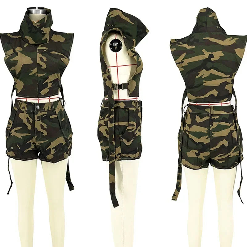 Streetwear Camouflage Print Short Sets Womens 2 Piece Outfits Sporty Casual Button Side Split Crop Top and Shorts Matching Sets