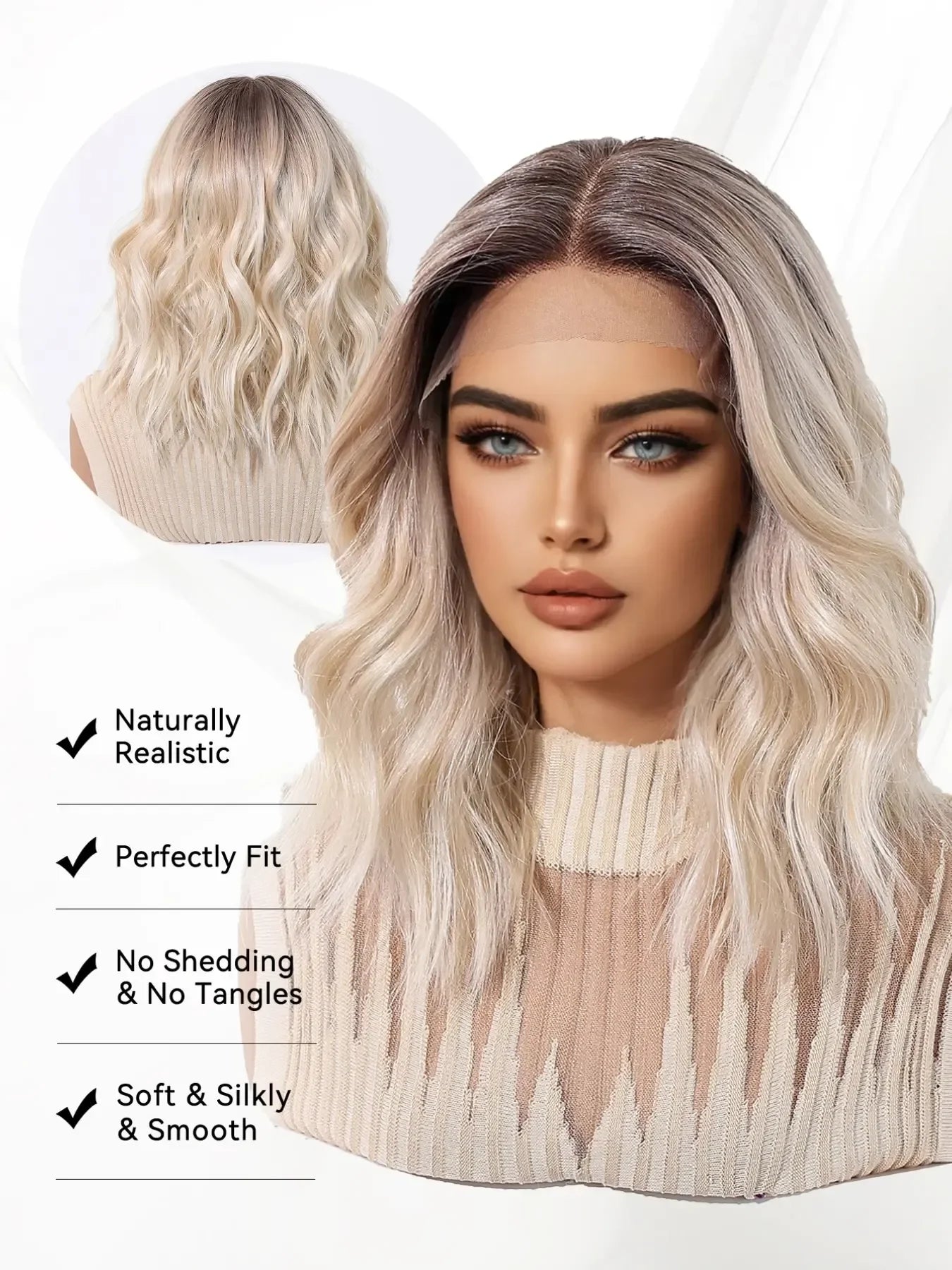 Topshe 13x6 HD Lace Front Short Wig Deep Root Gradient Platinum Blonde Curly Heat Resistant Synthetic Wigs for Women