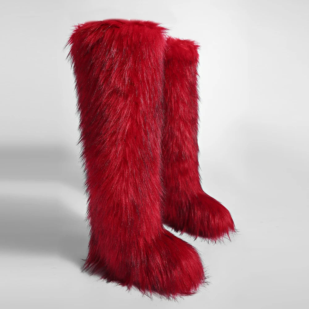 Women's Cozy Faux Fur over the Knee Boots Thigh High Fluffy Y2K Furry Fuzzy Warm Outdoor Comfortable Girls Boot
