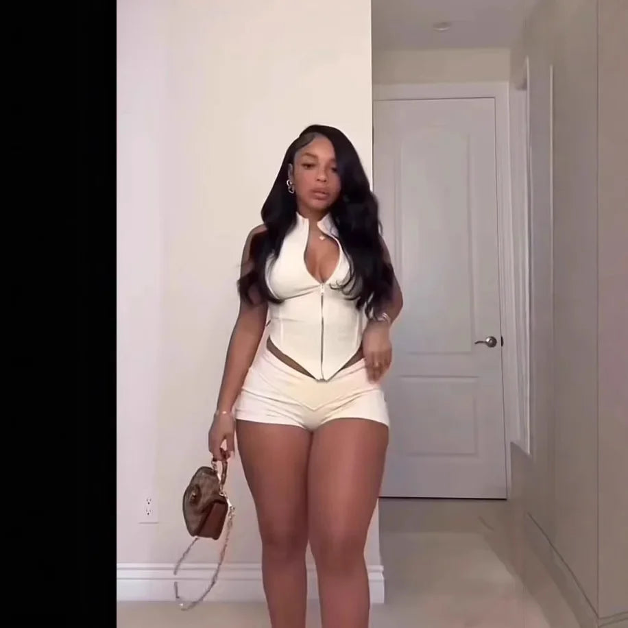 Sexy Slim Fit Black Women's Zipper Shoulder Short Pants Two-Piece Set Fashionable Cross-Border New Arrival Women's Wear