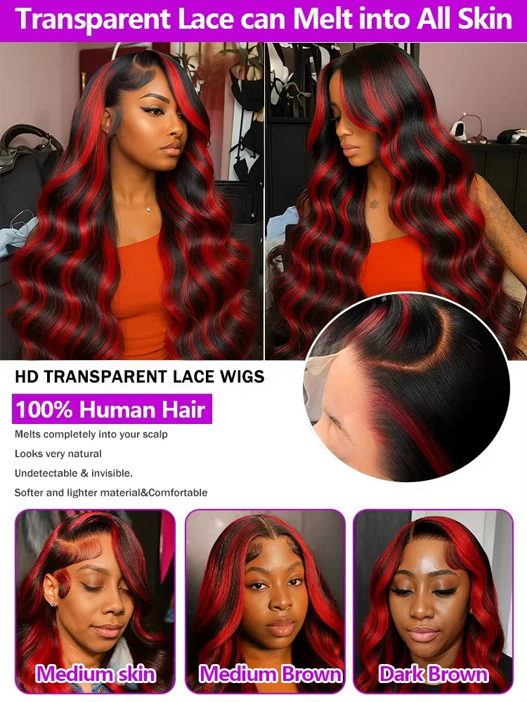 Red Black Human Hair Wigs Highlight Body Wave Human Hair Wigs 5x5 Lace Front Wigs Glueless Wig Colored Curly Human Hair Wigs