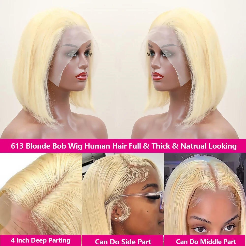 613 Blonde Short Bob Wig Human Hair 13x4 Lace Front Wigs Human Hair Pre Plucked Transparent Lace 180% Density Lace Frontal Wig