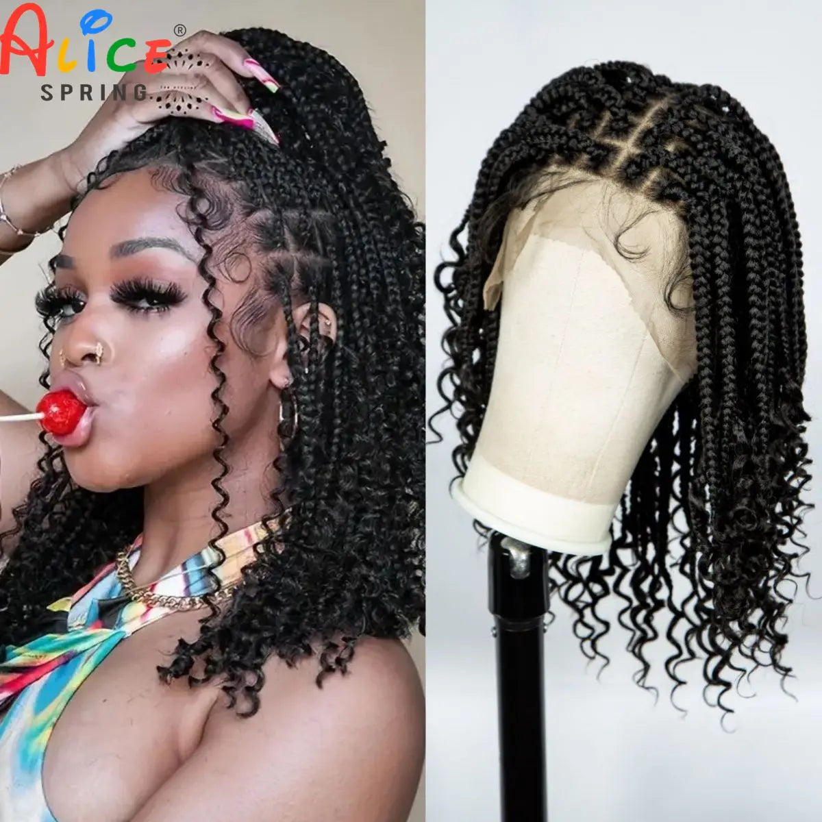 Knotless Box Boho Braided Wigs with Curly Ends Synthetic Full Lace Braided Lace Wigs Short Braided Bob Wig for Black Women