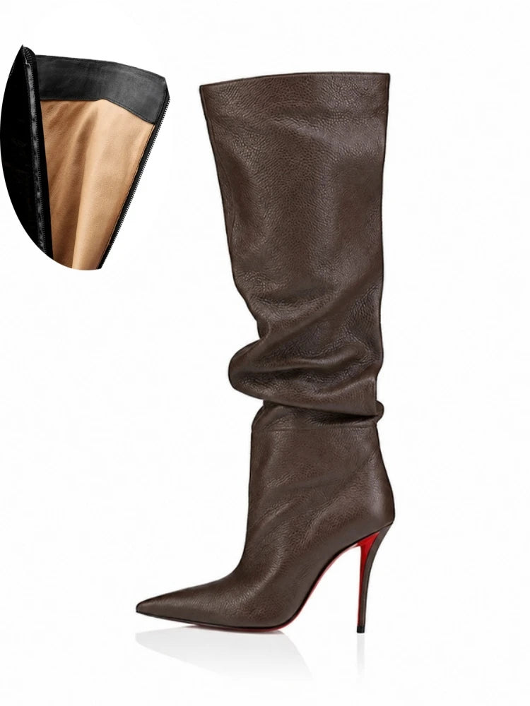 Ladies Ruched Knee‑High Leather Boots Pointed Toe Thin Stiletto Heel Long Booties Chic Dress Shoes for Club & Urban Occasions
