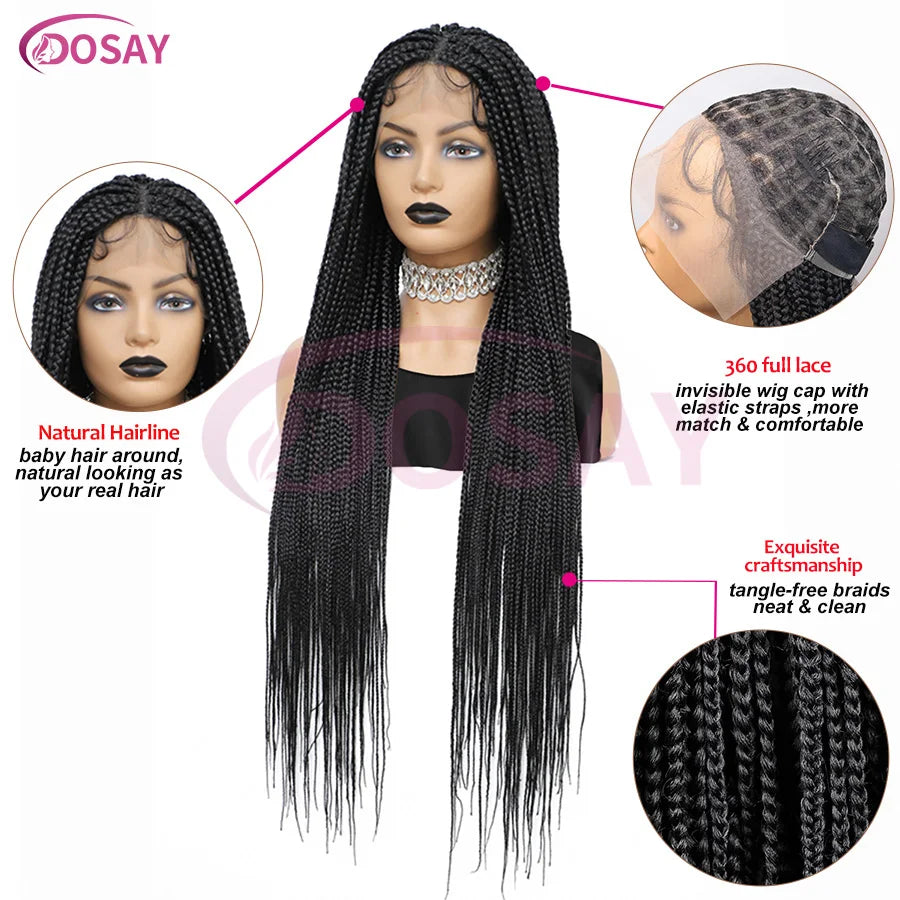 36Inch Burgundy Synthetic Long Box Braided Wig Full Lace Straight Knotless Cornrow Braid with Baby Hair for Women