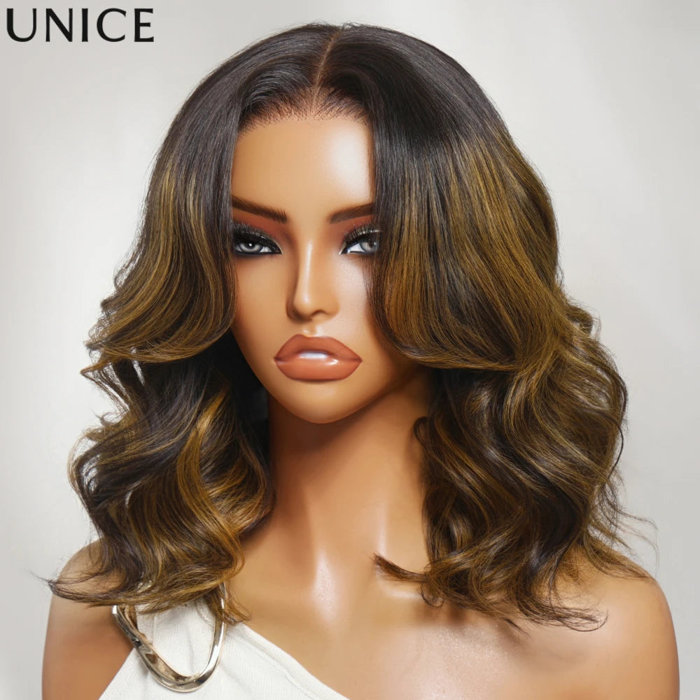 UNice 7x5 Bye Bye Slip™ Lace Balayage Highlight Wavy Bob Wig With Drawstring Put On & Go Glueless Human Hair Wig Ready To Wear