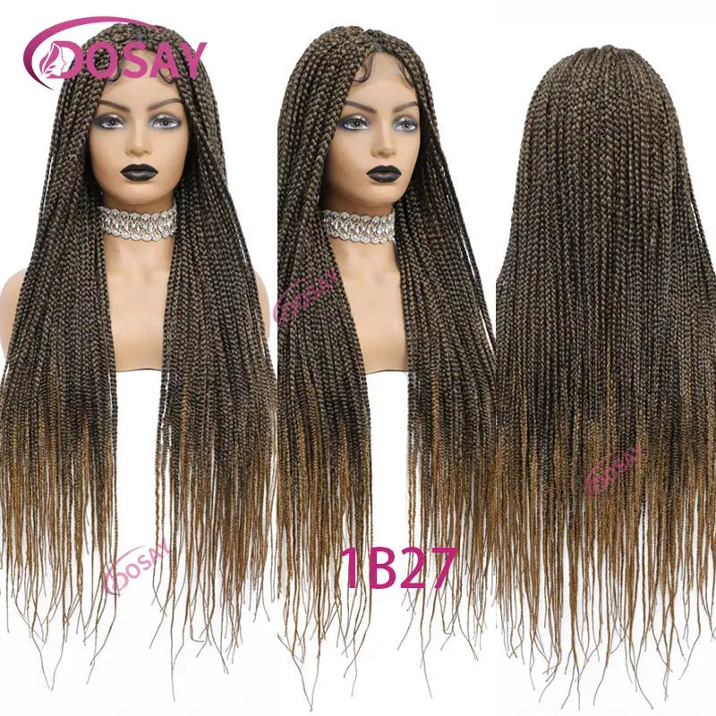 36Inch Burgundy Synthetic Long Box Braided Wig Full Lace Straight Knotless Cornrow Braid with Baby Hair for Women