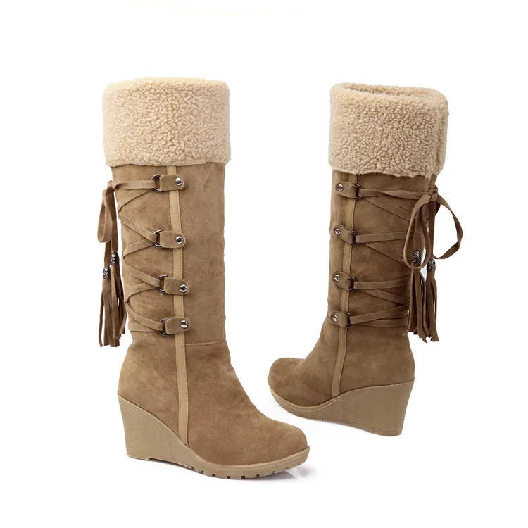 Women's High Boots 2022 Winter Fashion Lace-up Tassel Long Boots Women Platform Wedge Snow Boots Warm Cotton Boots Botas Mujer