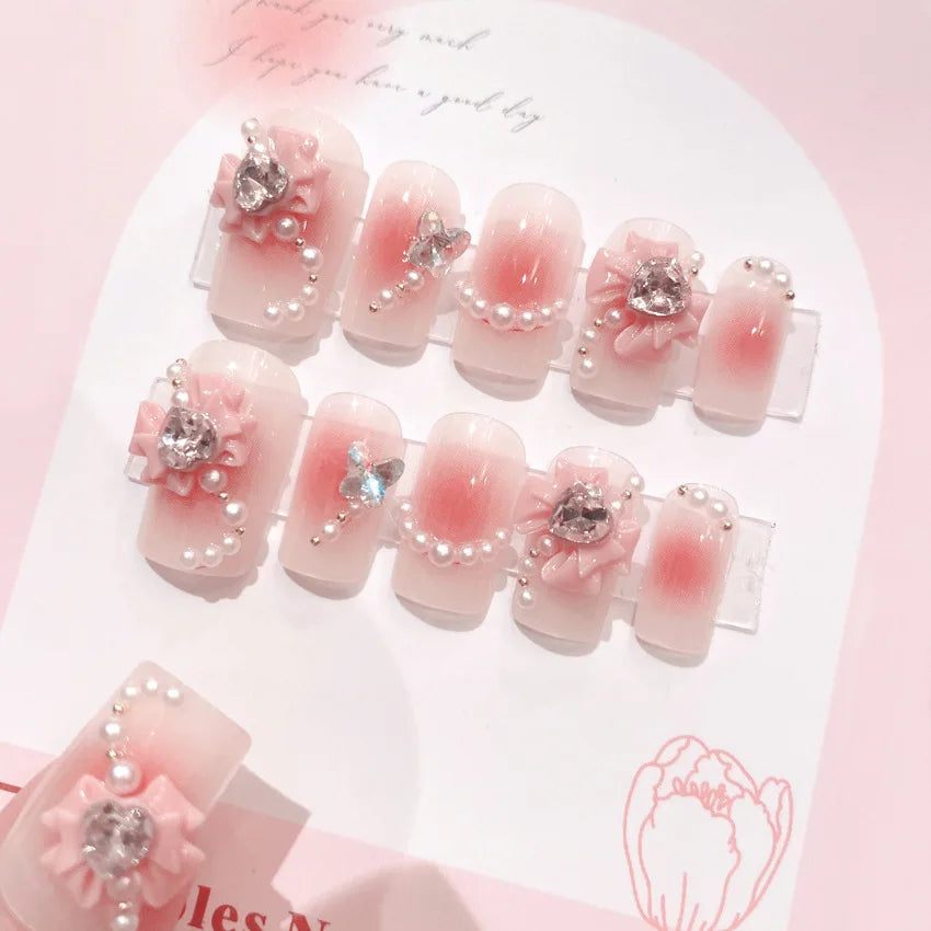 Glitter Fairy Rhinestone False nail Tips for Bride lady Wearable Sweet Crystal Design Press on Nails Mid Length Fake Nail Patch
