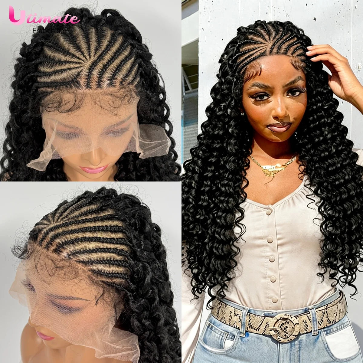 14/22inch Lemonade Braid Synthetic Cornrow Braided Wigs Deep Wave Pre-plucked Baby Hair For Black Women