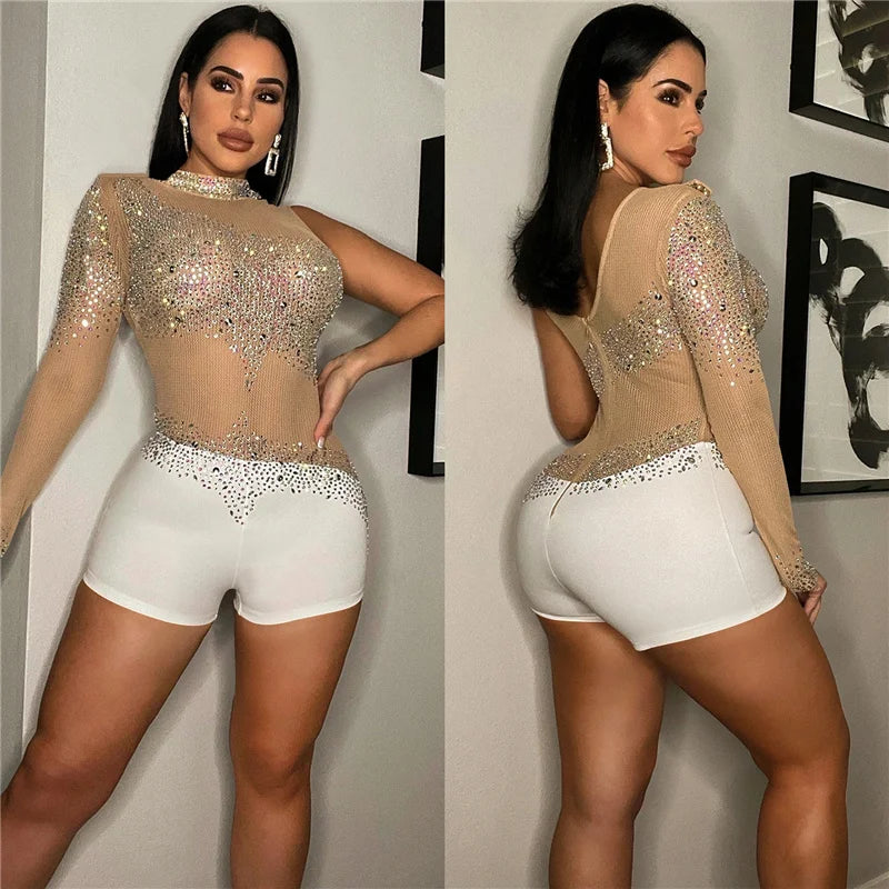 Sparkly Rhinestones Mesh Rompers Womens Jumpsuit Shorts Sexy Birthday Club Outfits One Sleeve Sheer Bodycon Playsuit Woman 2022