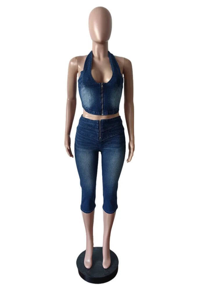 Cutenew Women Denim 2 Piece Set  Summer Halter Wrap Chest Backless Zip Halter Tops+Shorts Matching Hipster Vintage Streetwear
