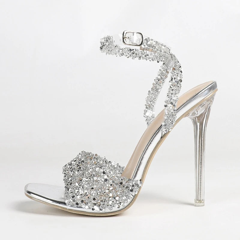 Eilyken Bling Crystal PVC Transparent Square Toe Women Sandals Fashion Buckle Strap Thin High Heels Carnival Party Shoes