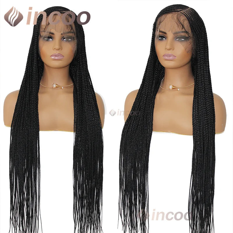 36inch Synthetic Twist Braided Wigs for Black Women Box Braided Full Lace Front Wig Adjustable Side Part Knotless Braids Wig
