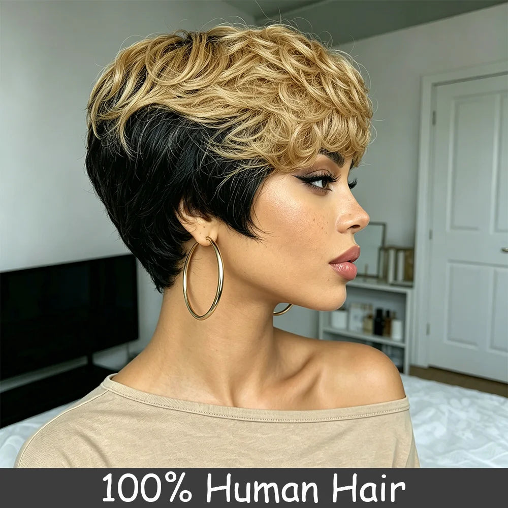 Curly Bob Wig Human Hair Black Champagne Color Hair With Bangs Machine Made Affordable Remy Fluffy Human Hair Wig
