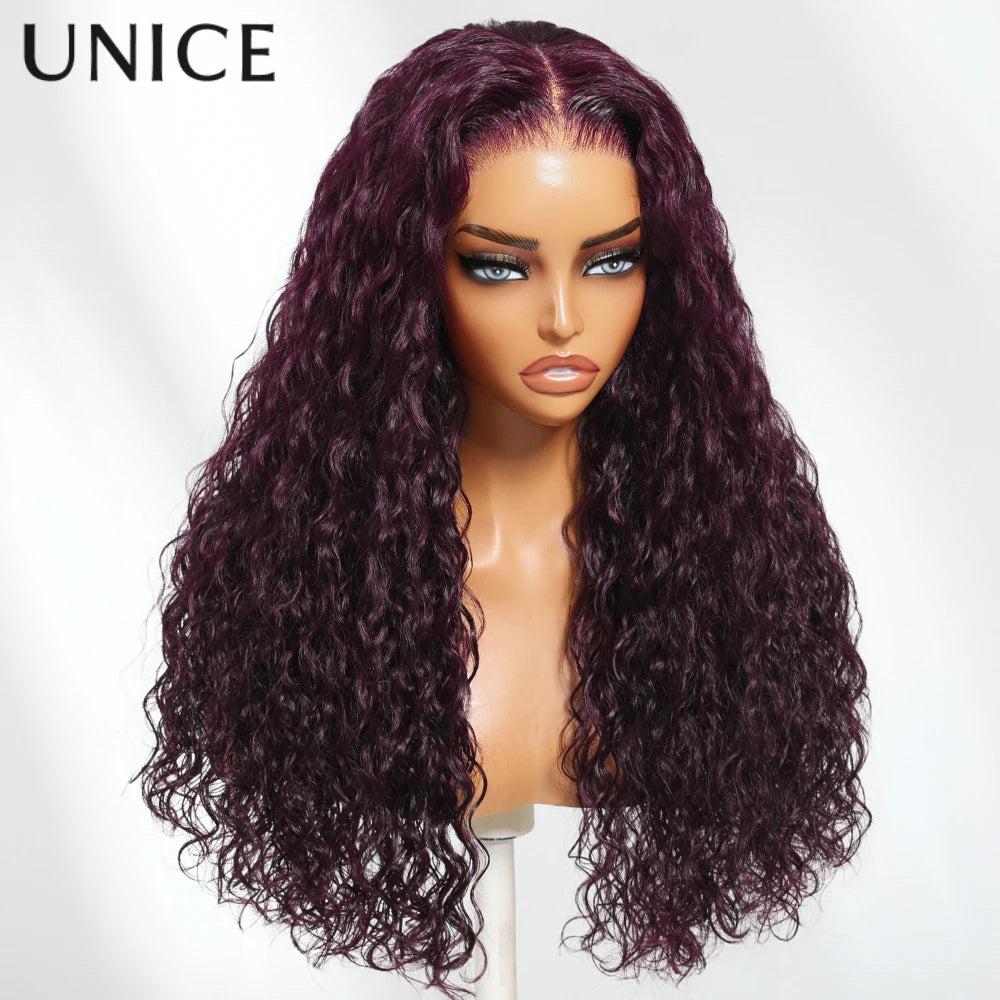 UNice Pre Everything 13x4 Lace Frontal Black Cherry Water Wave Human Hair Wig Pre Ear Tape Peel & Stick Glueless Wig Ready-to-go