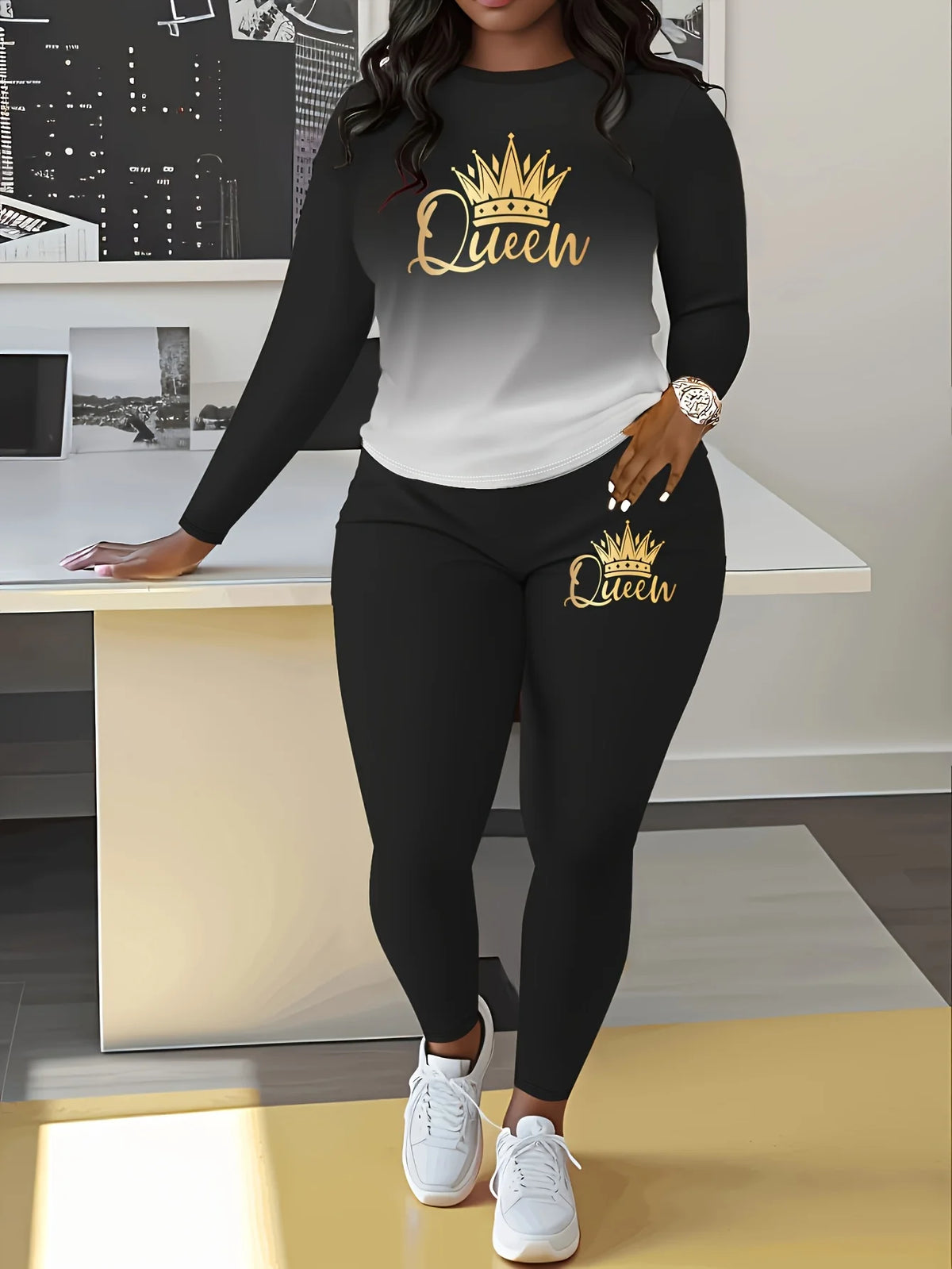 [Two-Piece Set] Gradient Color Crown Print Casual Autumn Winter Long Sleeve Round Neck Women's Pants Two-Piece Set