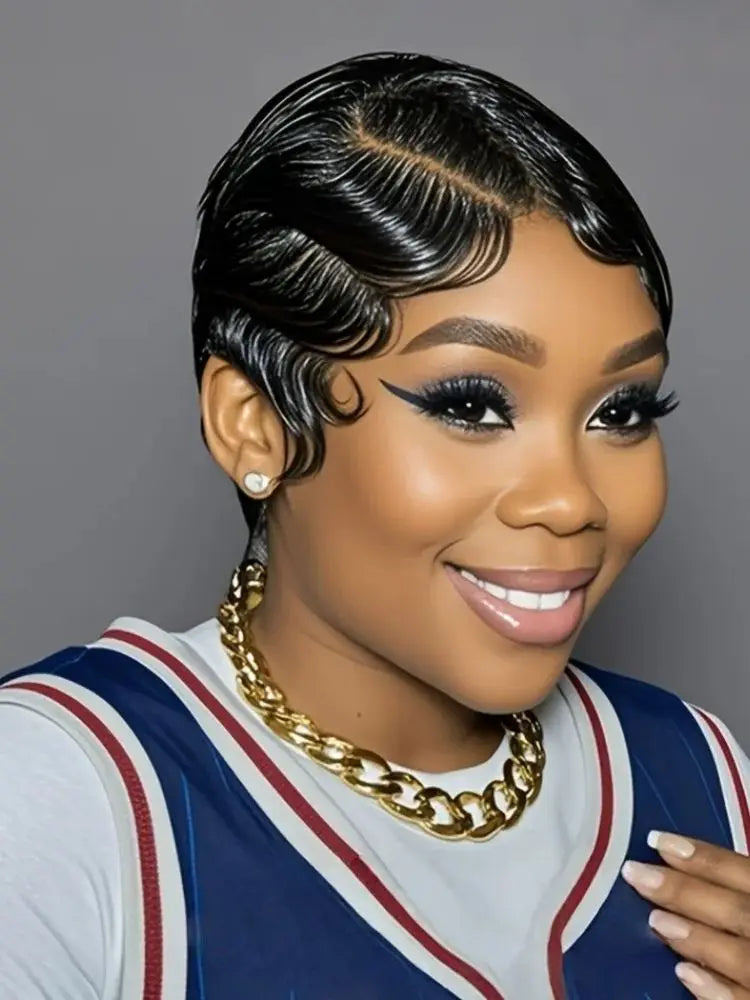 Finger Wave Brazilian Remy Human Hair 13x4 Lace Front Wig 180% Density Pixie Cut for Natural Look  Black 99j wig