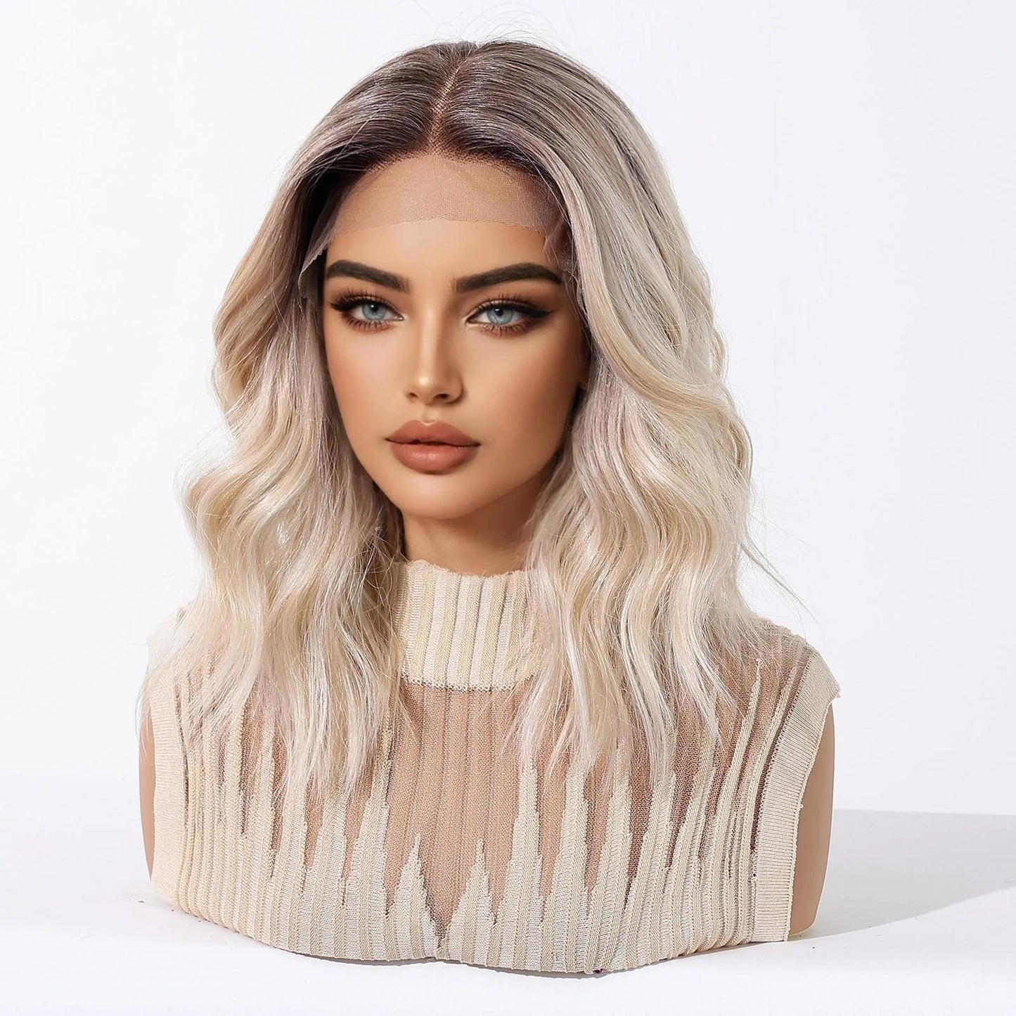 Topshe 13x6 HD Lace Front Short Wig Deep Root Gradient Platinum Blonde Curly Heat Resistant Synthetic Wigs for Women