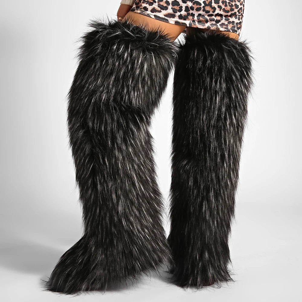 Women's Cozy Faux Fur over the Knee Boots Thigh High Fluffy Y2K Furry Fuzzy Warm Outdoor Comfortable Girls Boot