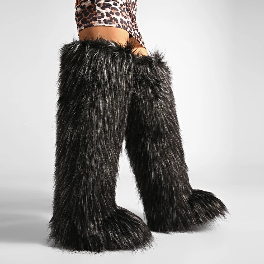 Women's Cozy Faux Fur over the Knee Boots Thigh High Fluffy Y2K Furry Fuzzy Warm Outdoor Comfortable Girls Boot