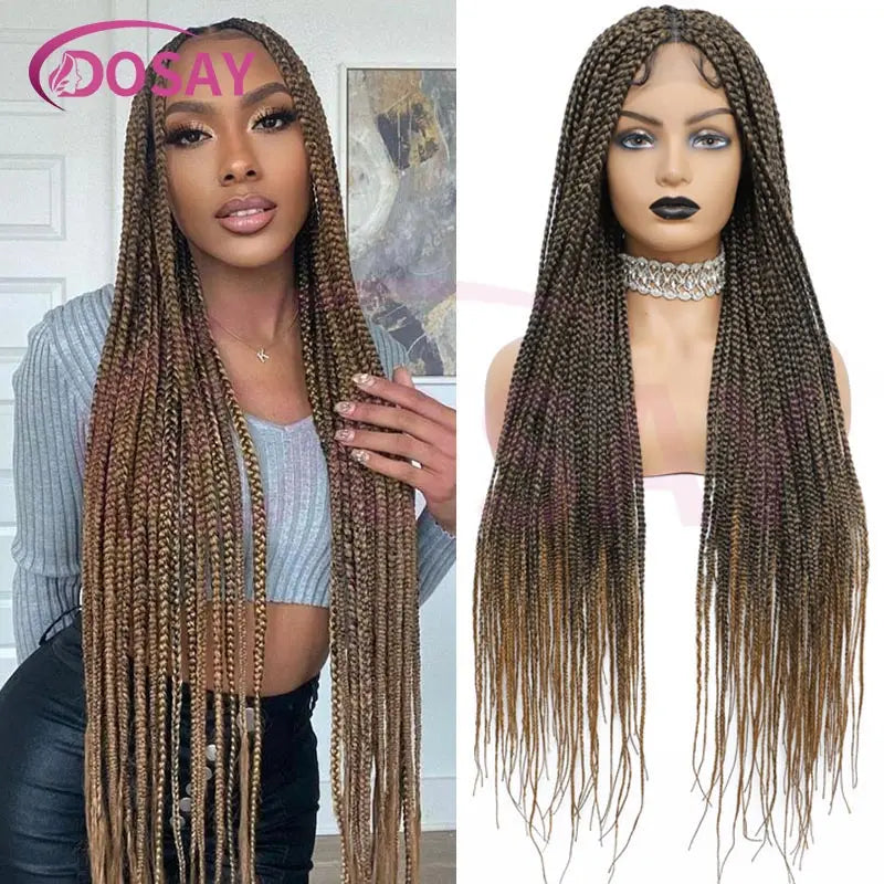 36Inch Burgundy Synthetic Long Box Braided Wig Full Lace Straight Knotless Cornrow Braid with Baby Hair for Women