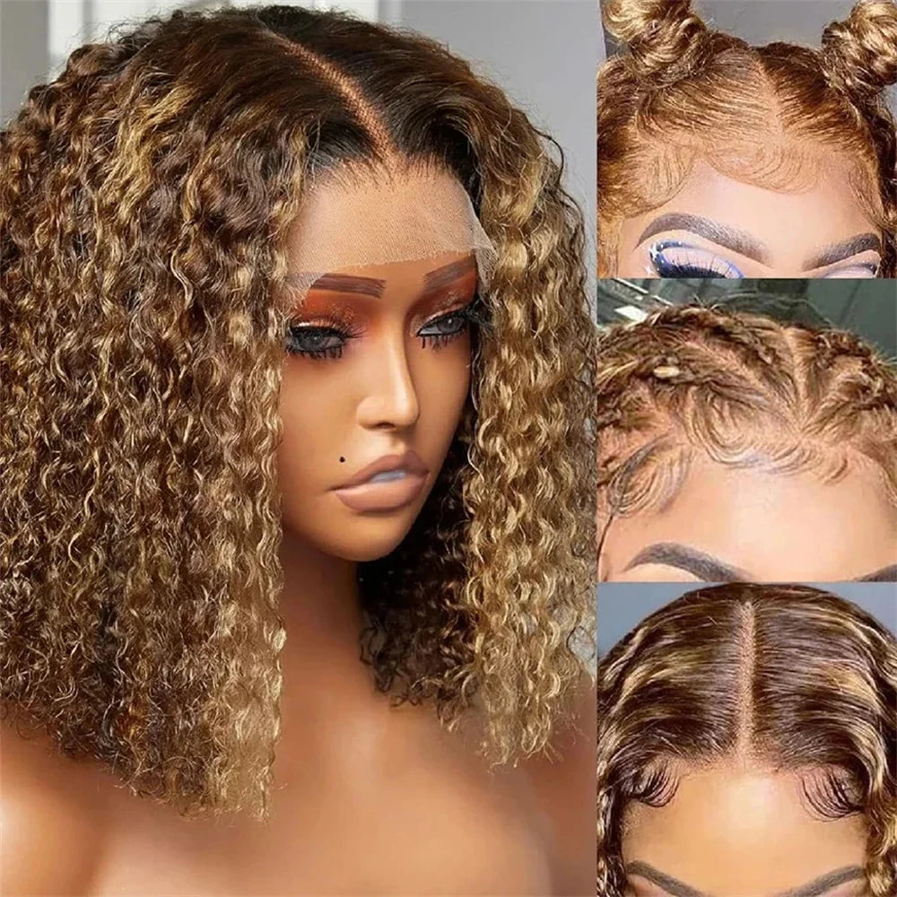 Highlight Short Bob Wigs Deep Wave 13x4 Lace Frontal Wig Human Hair Kinky Curly Frontal Bob Wig 4/27 Ombre Color 250% Density