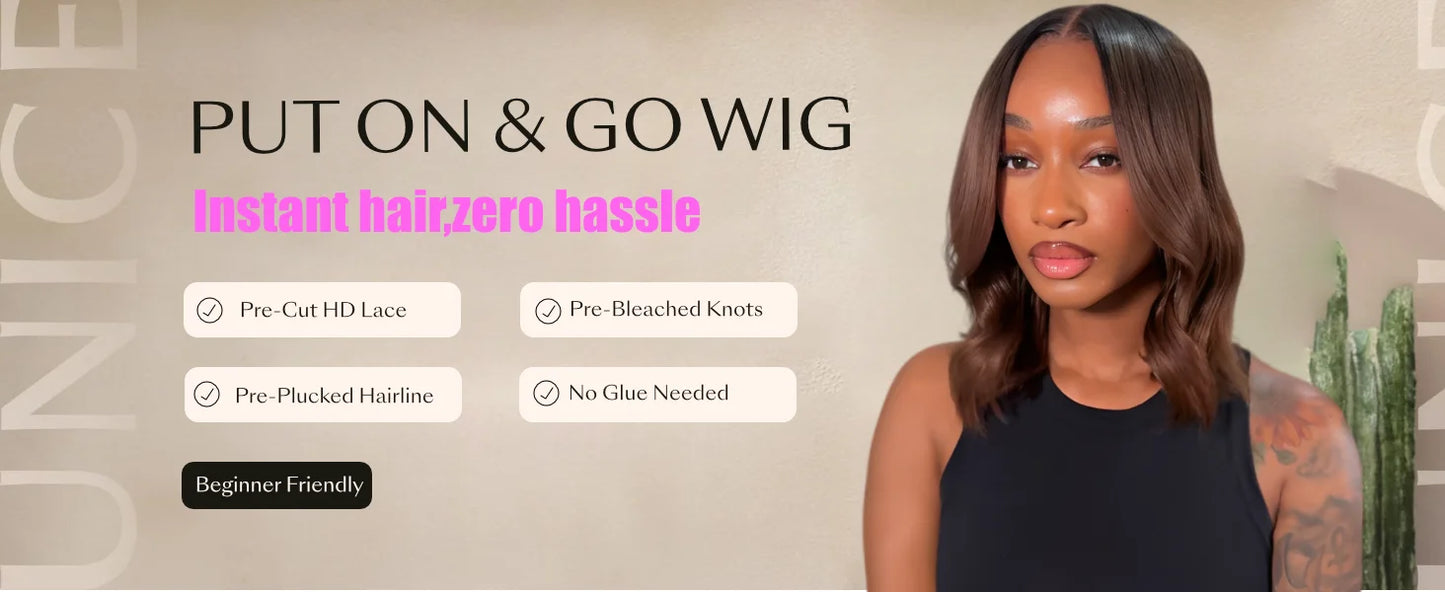 UNICE Chestnut Brown Ombre Yaki Straight Bob Human Hair Wig 7x5 & 13x4 Lace Glueless Wig 150% Density