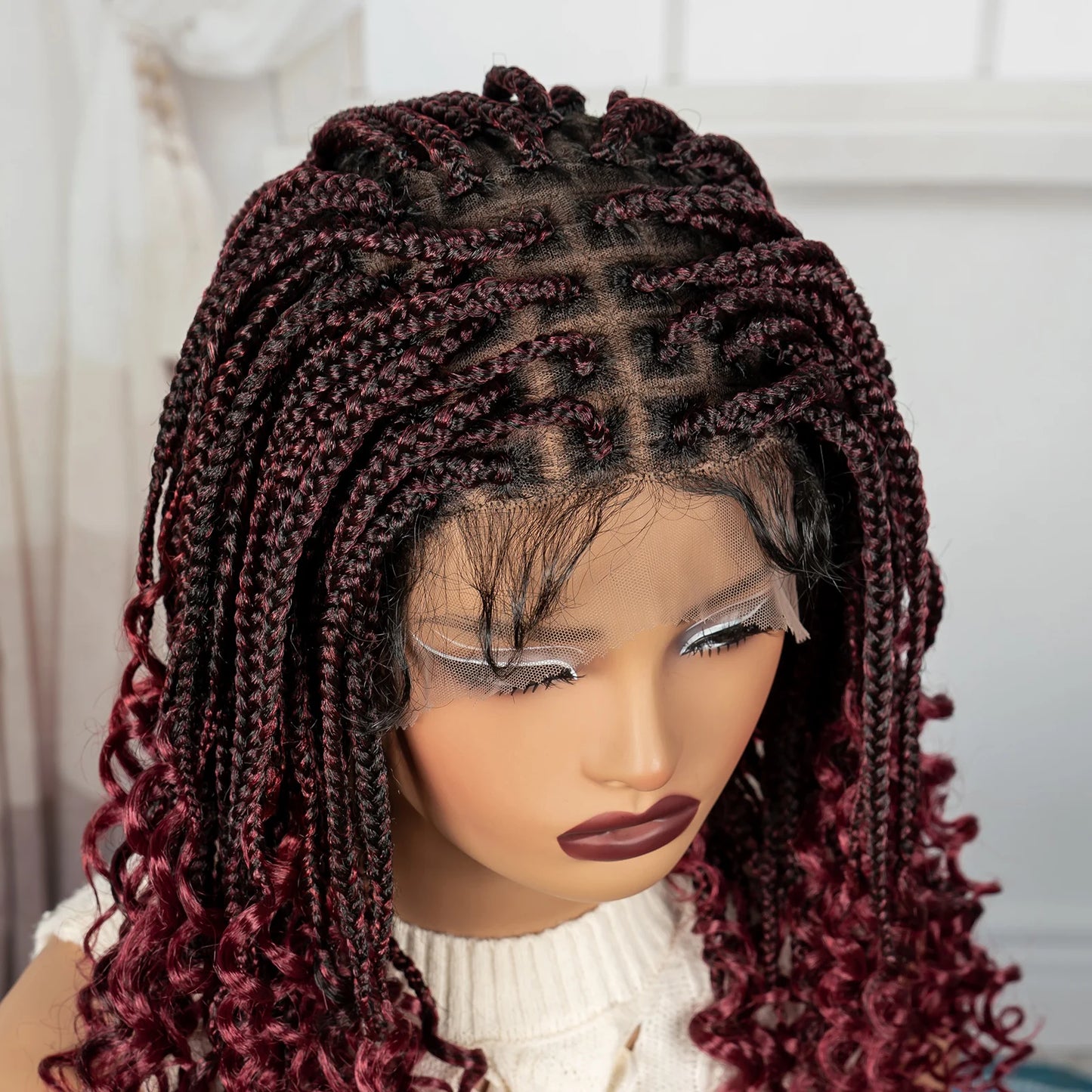 Knotless Box Boho Braided Wigs with Curly Ends Synthetic Full Lace Braided Lace Wigs Short Braided Bob Wig for Black Women