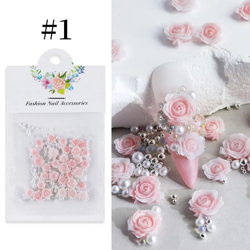 100/200pcs 3D Mixed Nail Decorations Kawaii Heart Flower Bear Pearl Design Rhinestone Nail Art Charms Jewelry Manicure Accessory