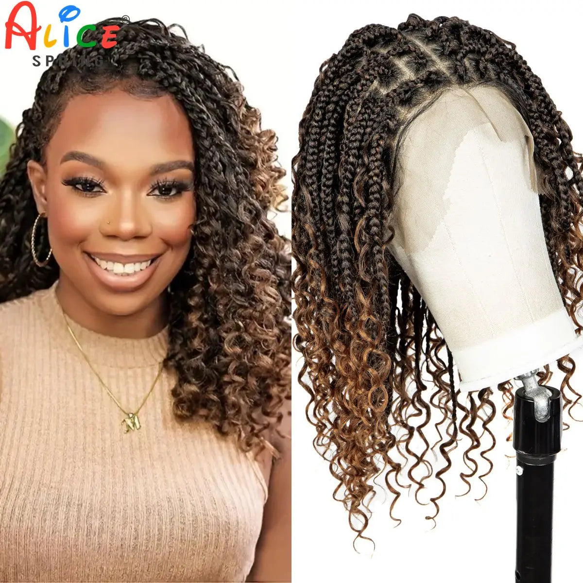 Knotless Box Boho Braided Wigs with Curly Ends Synthetic Full Lace Braided Lace Wigs Short Braided Bob Wig for Black Women