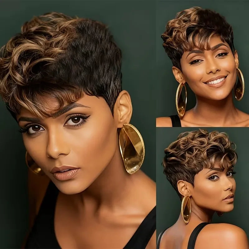 Curly Human Hair Wigs Pixie Cut Wig Coffee Brown 100%Human Hair Wig Short Kinky Curly Human Hair Full Machine Wig
