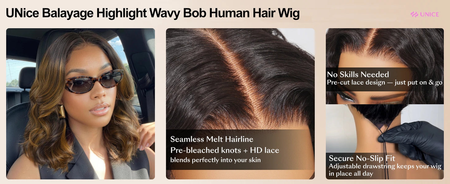 UNice 7x5 Bye Bye Slip™ Lace Balayage Highlight Wavy Bob Wig With Drawstring Put On & Go Glueless Human Hair Wig Ready To Wear