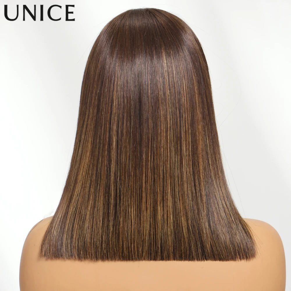 UNice Espresso Brown With Highlights Straight Bob Wig No-Slip 7x5 Lace Glueless Wig Human Hair Ready To Wear