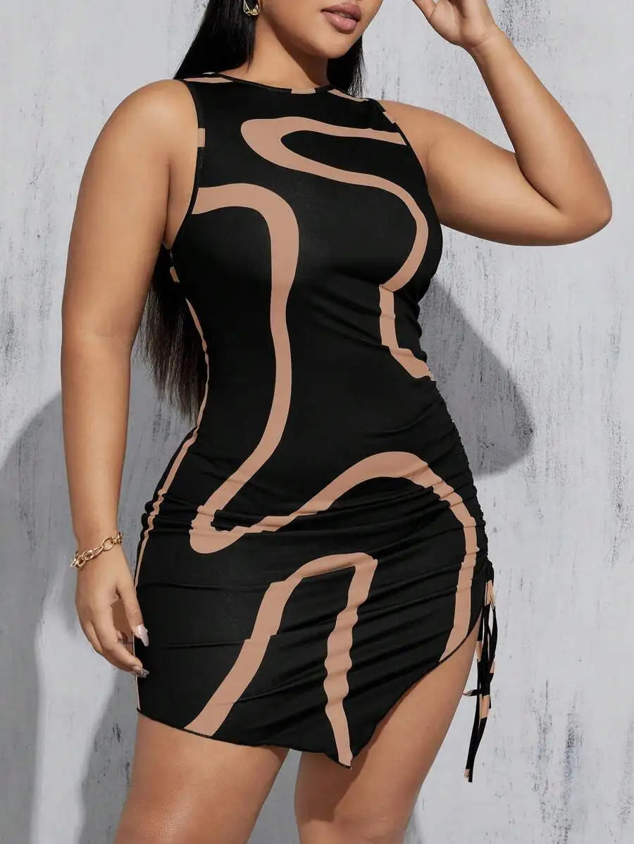 Plus Size Women Summer Bodycon Dress With Drawstring Asymmetrical Print Black